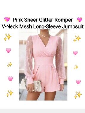 Pink Sheer Glitter Romper V-Neck Long-Sleeve Jumpsuit, Size XL